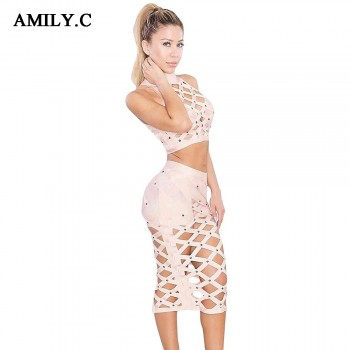 Amily.c 2020 New Spring Women Bandage Dress Turtleneck Sexy Bodycon 2 Piece Plaid Beading Dress Celebrity Party Dresses Vestidos